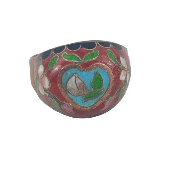 Vintage Cloisonné Ring Chinese Export Enamel Floral Design Copper Base Unique Ar - Picture 3 of 12